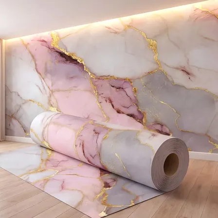 Papel de parede mármore rosa com veios dourados